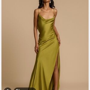 Cowl-Neck Satin Maxi Dress with Side Slit - Olive Green